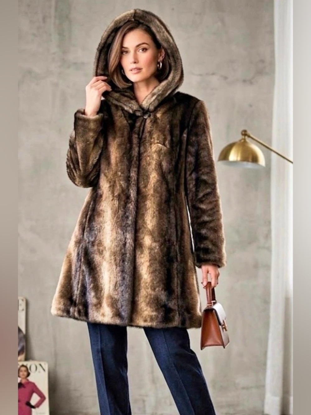 Ellen Tracy Hooded Faux Mink Fur Swing Coat Medium